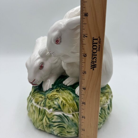 Pair of Bunny on top an  ITALIAN CACHEPOT Easter spring large read white green - Picture 12 of 16